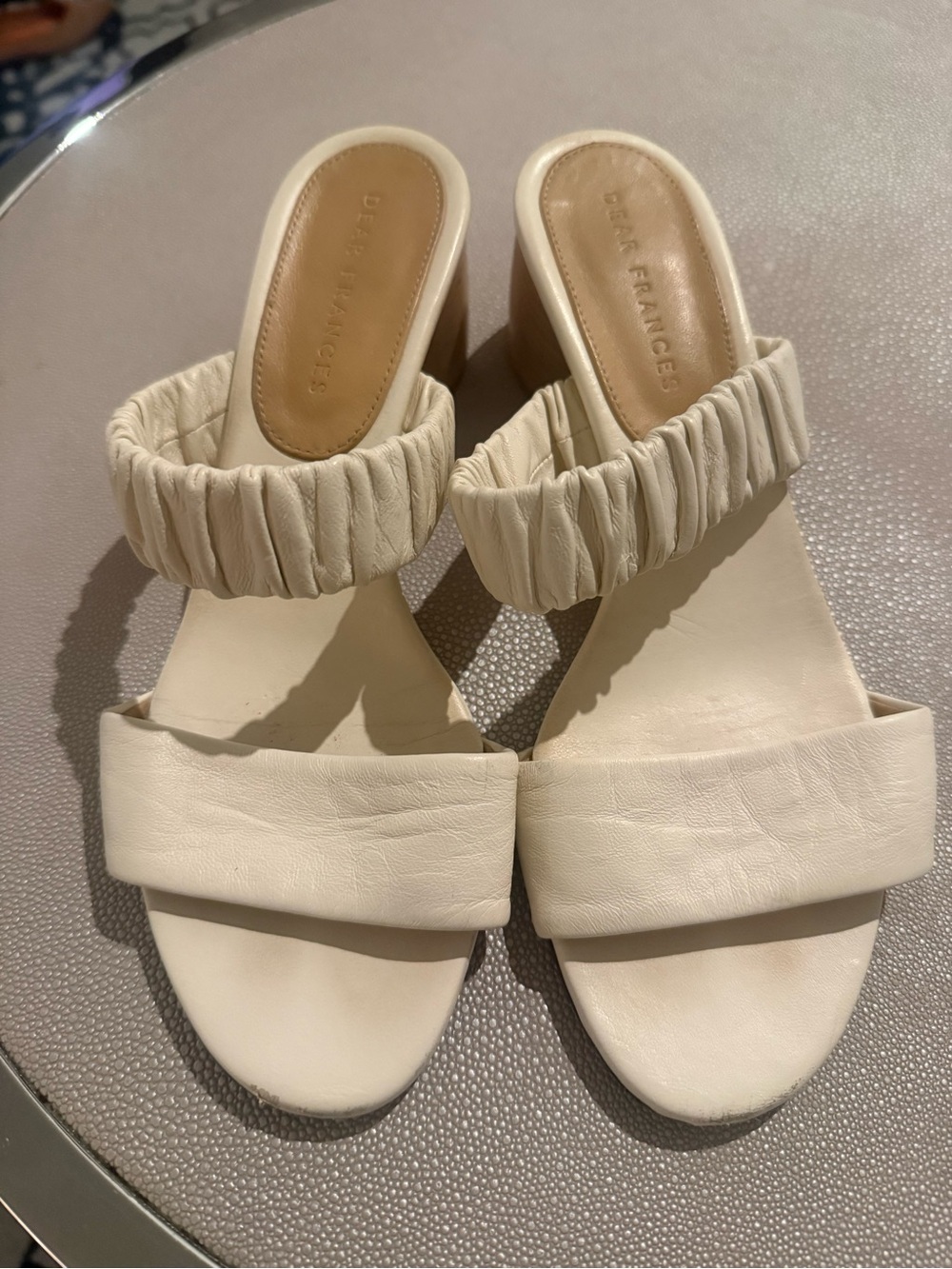 Dear Frances Ivory Leather Ruched Strap Block Heel Sandals Size 38 US 8